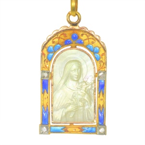Vintage antique 18K gold mother-of-pearl medal Mother Mary with the miracle of the roses - set with diamonds and plique-a-jour enamel